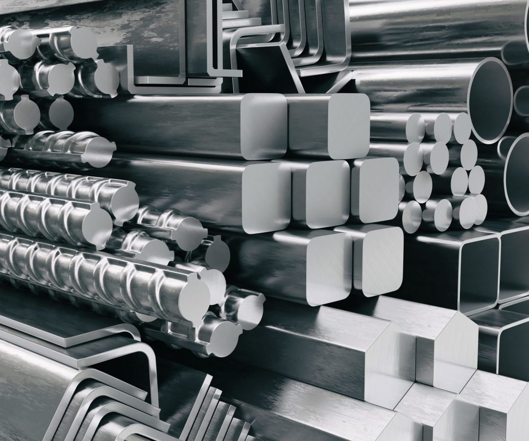Metal profiles and tubes. Different stainless steel products. Metal profiles and tubes. Different stainless steel products. 3d illustration